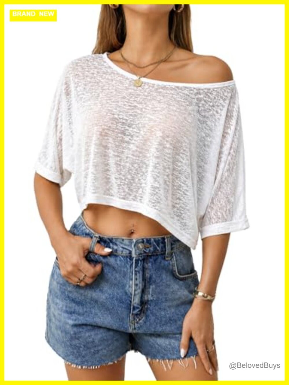 Women's Sheer Mesh Off Shoulder Crop Top Short Sleeve Loose Fit Summer Tee